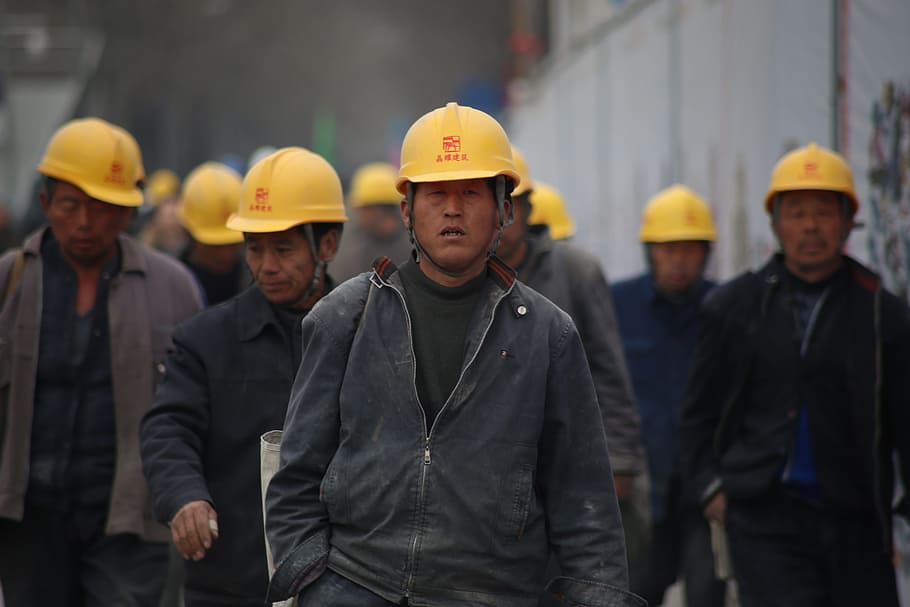 男, 身に着けている, 黄色, ヘルメット, 仕事, 中国語, 産業, 専門家, 工場労働者, アジア
