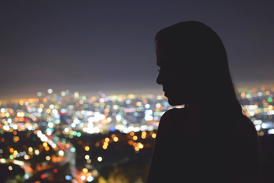 женщина, глядя, город, Лос-Анджелес, ночь, Силуэт, город Лос-Анджелес, ночью, люди, путешествия