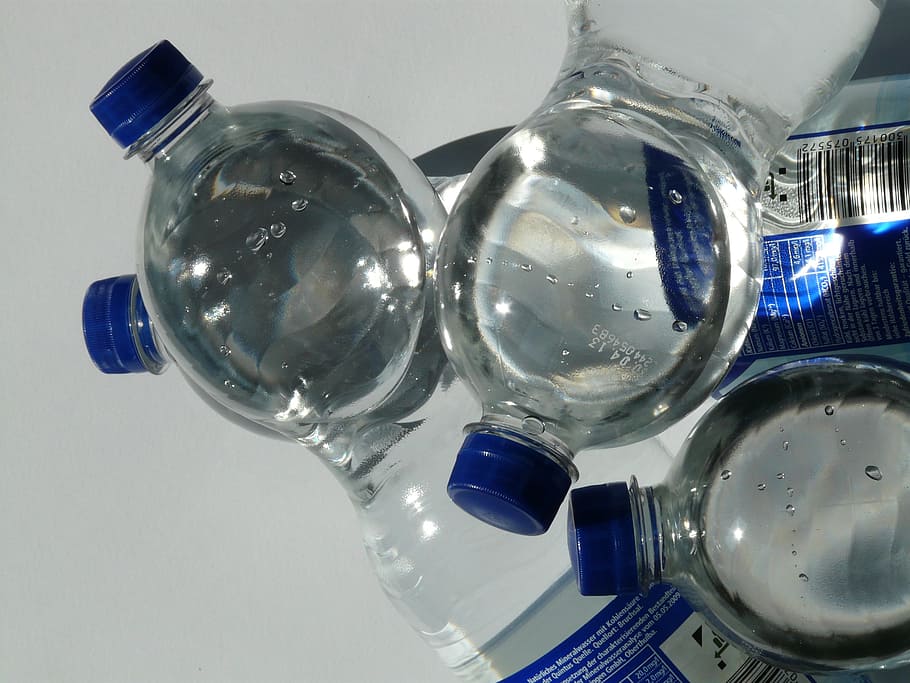 여러, 병, 물, 플라스틱 병, 광천수, 투명한, 뚜껑, 푸른, 닫기, 음주