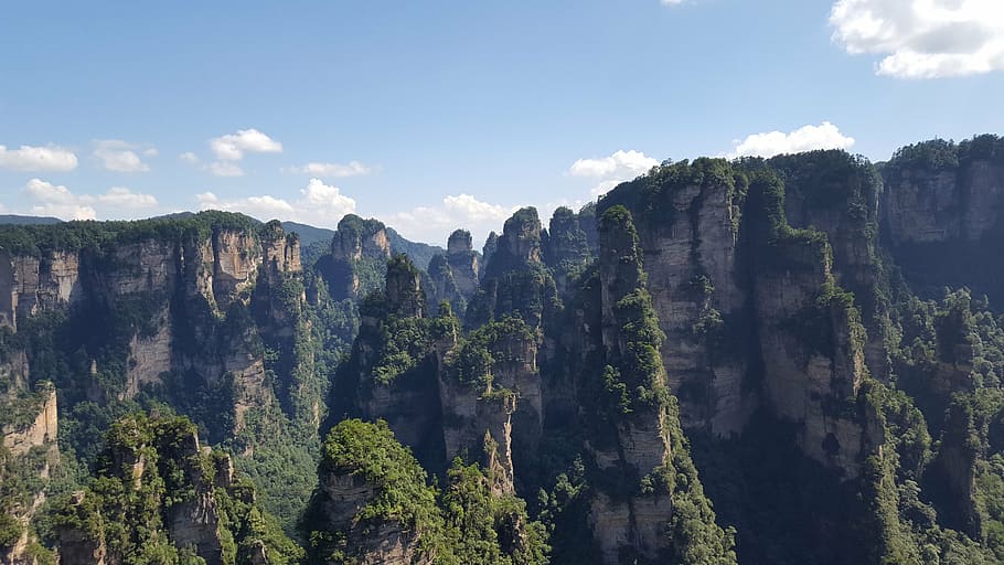 zhangjiajie, blue sky and white clouds, stone forest, avatar, woods, natural park, geopark, hunan, nature, cliff
