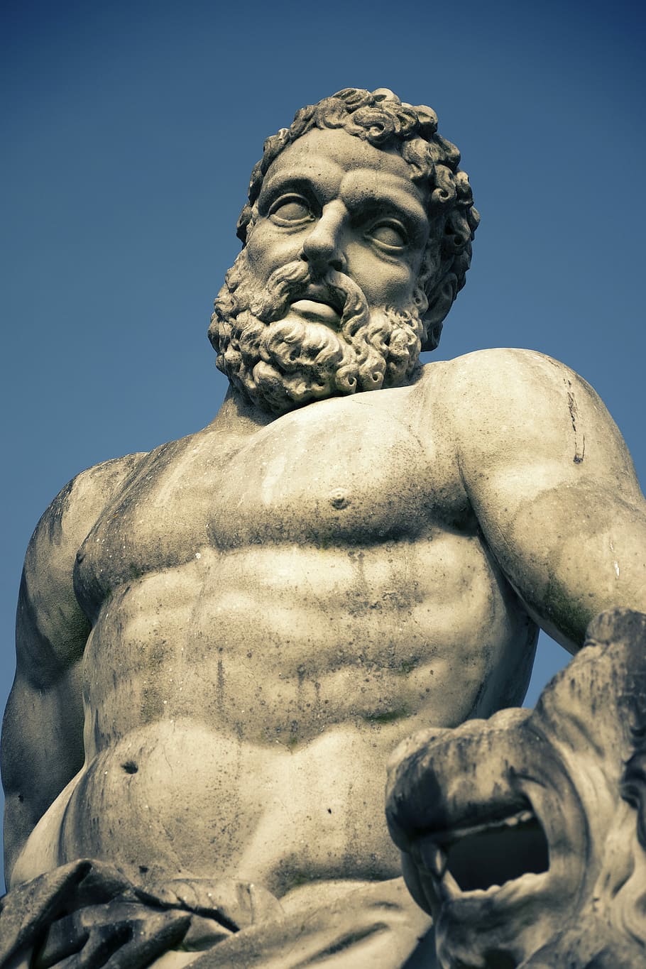 estatua del hombre, Hércules, estatua, griego, antiguo, Dios, griego antiguo, escultura, mármol, cielo