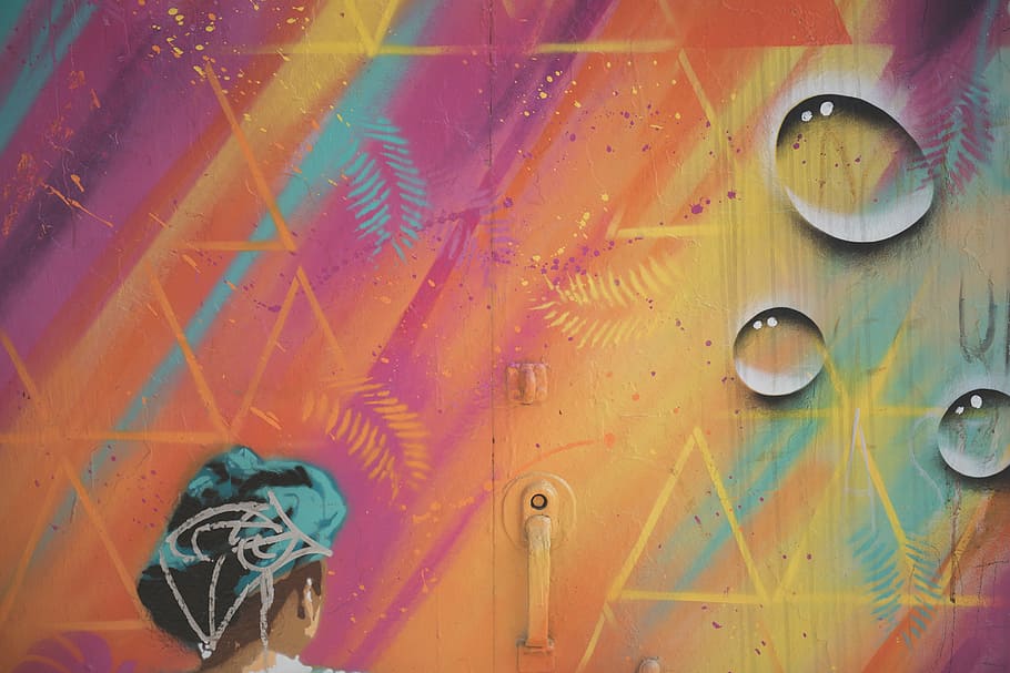 purple, yellow, teal pattern, wooden, door, droplet, water, graffiti, mural, spray paint