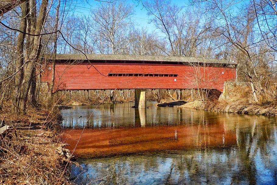 Pennsylvania, Covered Bridge, Historic, landmark, wood, wooden, stream, water, reflections, architecture