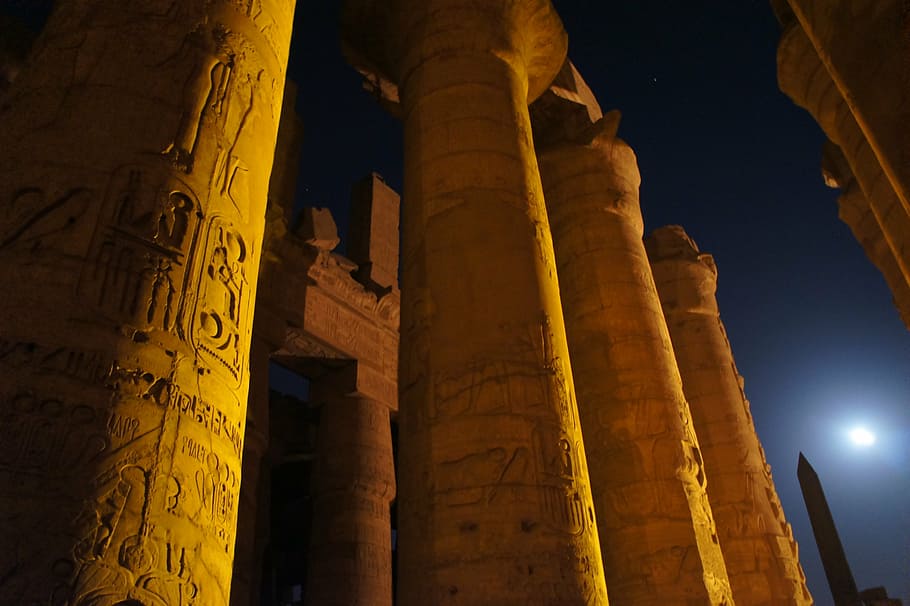 egypt, karnak, luxor, temple, temple complex, pharaonic, imposing, full moon, laser show, hieroglyphics