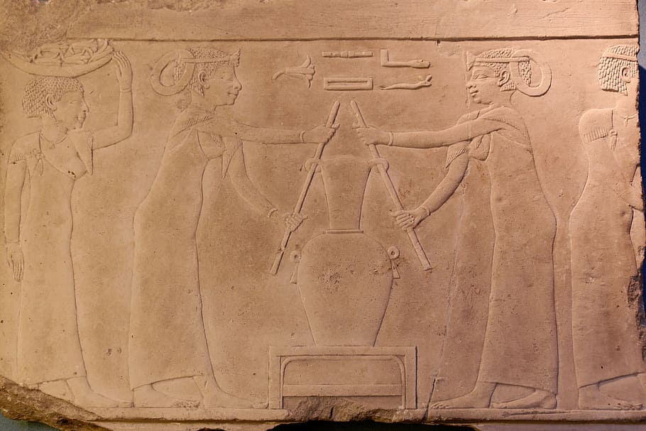 egyptian tombstone, 4th century j-c, louvre museum, paris, france, egyptian antiquities department, slab fragment, decorating a tomb, making lily perfume, fleur de lis