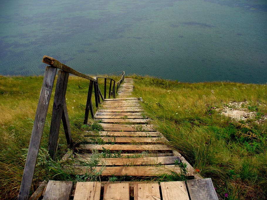 brown, wooden, step dock, lake, the descent to the lake, stage, stairs, upgrade, hill, mountain