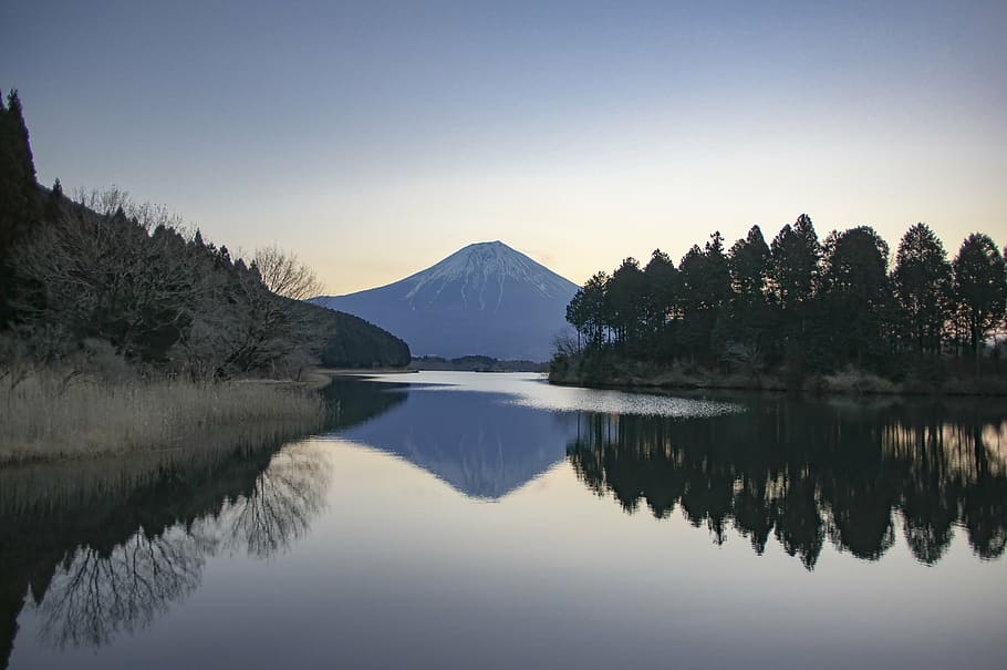 corpo, agua, ilha, montanha coberta de neve, distância, mt fuji, inverno, manhã cedo, lago tanuki, japão