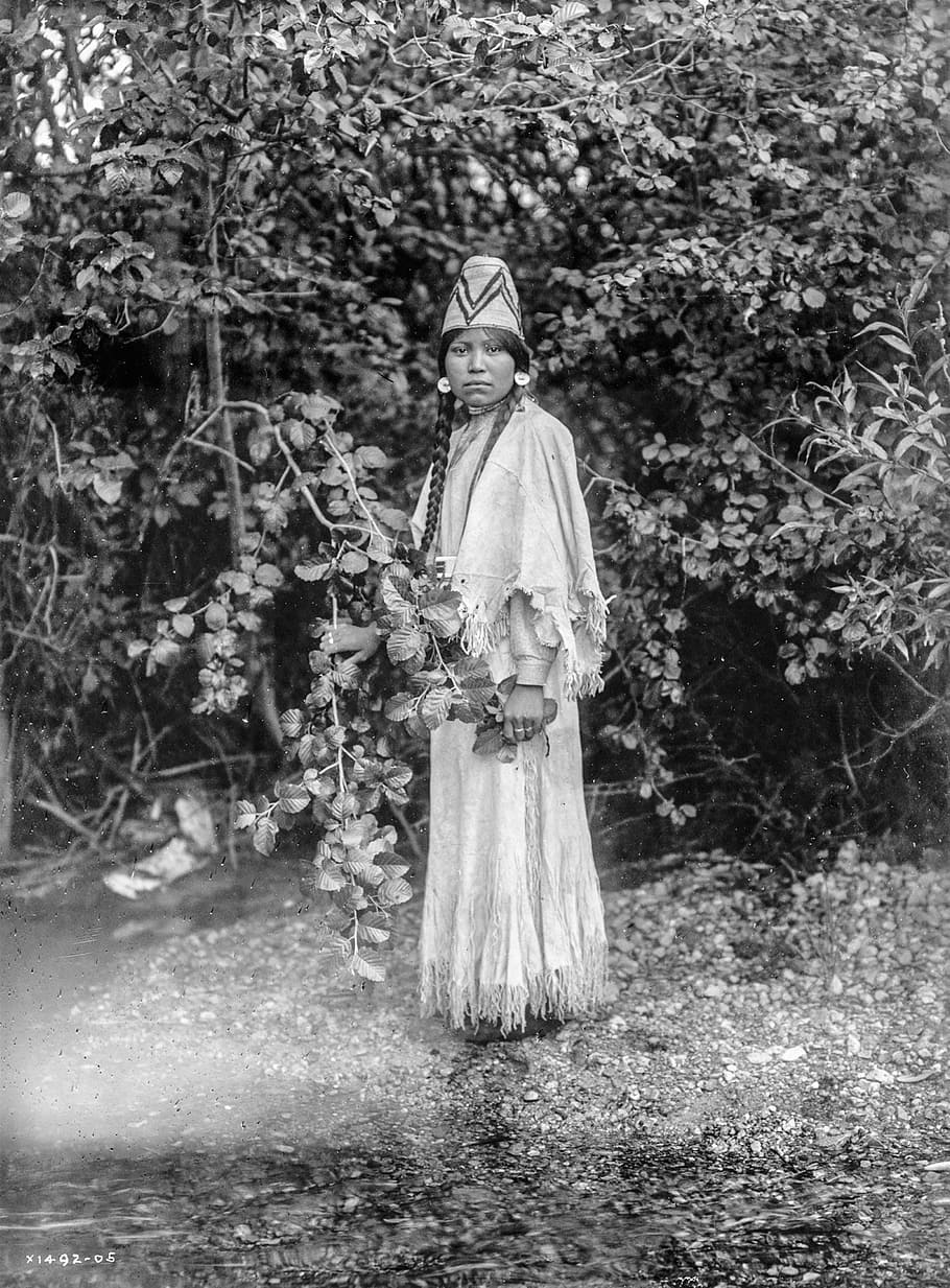 greyscale photo, tribal, woman, greyscale, historical, vintage, sioux, indian, american, dress