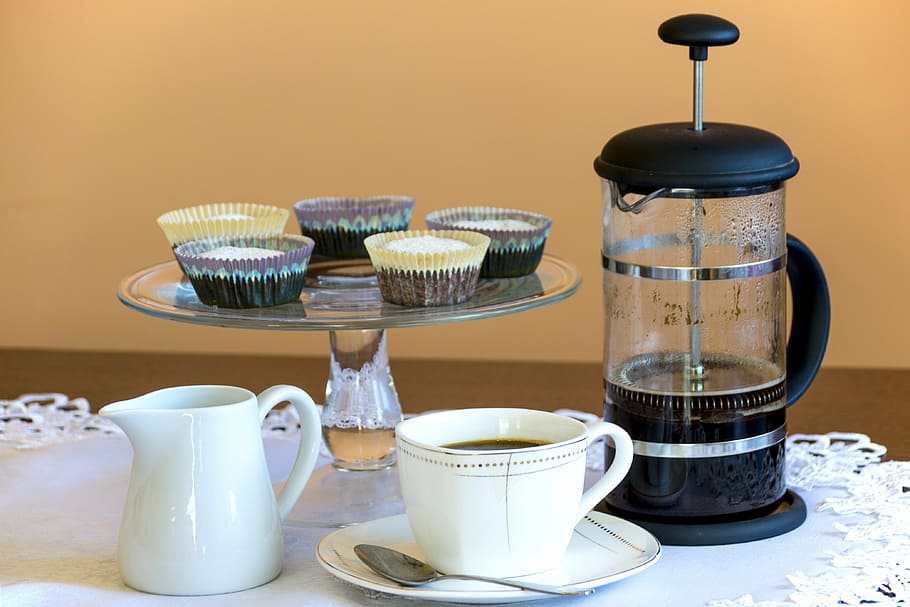 cupcakes, cake, stand, french, press, teacup, muffin, coffee, coffee maker, afternoon coffee