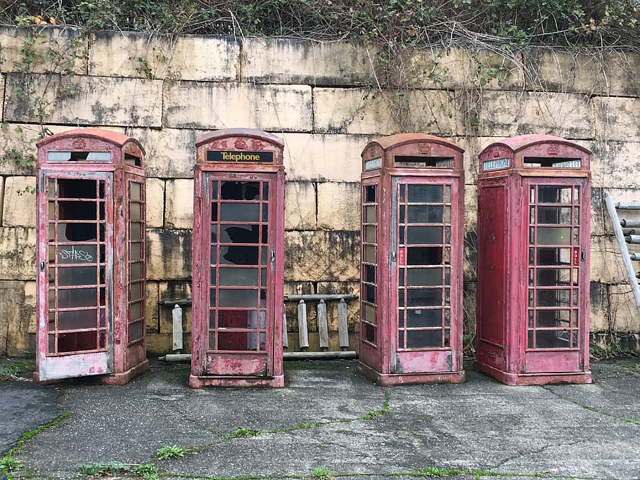 four, red, telephone booths, vintage, antique, decay, booth, retro, old, abandoned