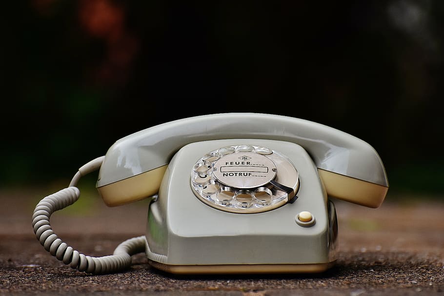 selective, focus photography, rotary, telephone, old phone, 60s, 70s, grey, dial, post