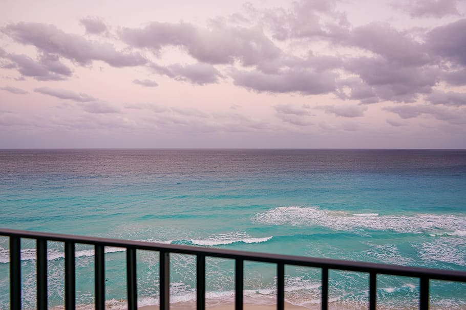 clear, blue, sea, wooden, balcony, cancun, mexico, clouds, ocean view, tropical