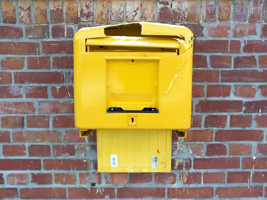 mailbox, post, broken, yellow, brick, wall, wall - building feature, brick wall, mail, correspondence