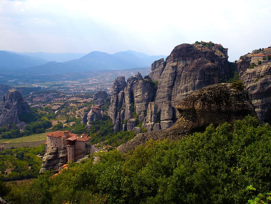 overlooking mountain, meteora, greece, monastery, olympus, fortress, kalambaka, rock, mountain, sky