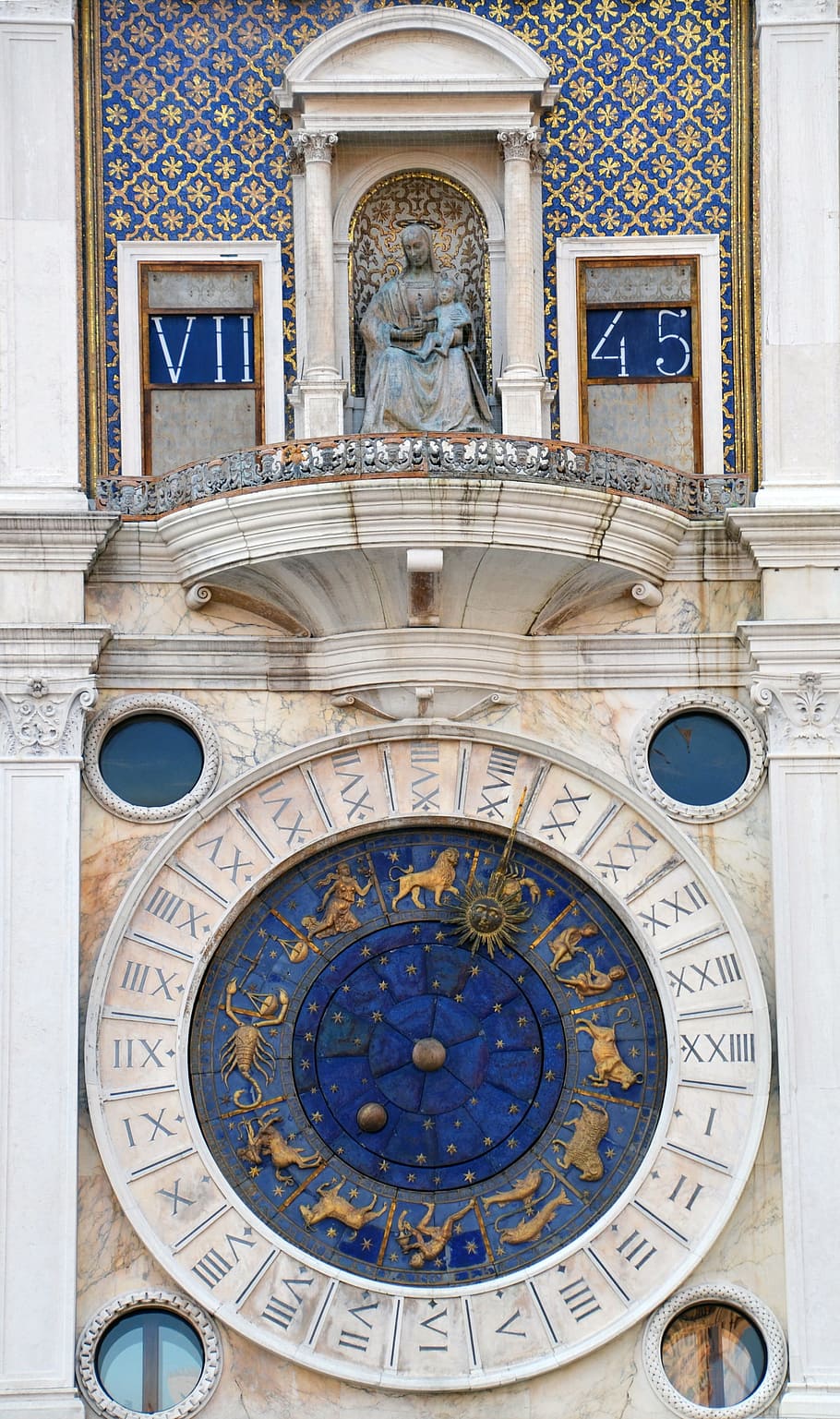 blue, white, zodiac sign building, zodiac sign, time, clock, astrology, venice, digits, tower