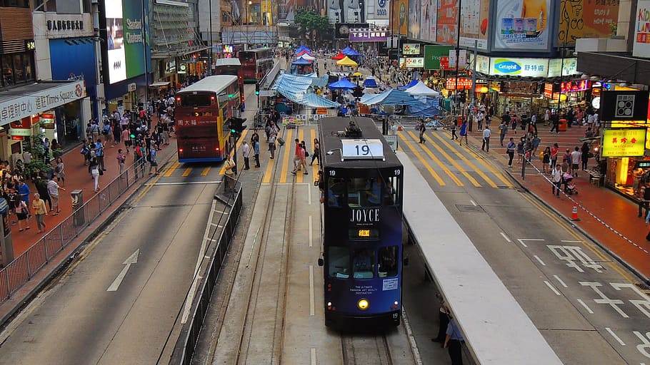 blue, black, double, decker bus, middle, road, hongkong, tram, asia, hong