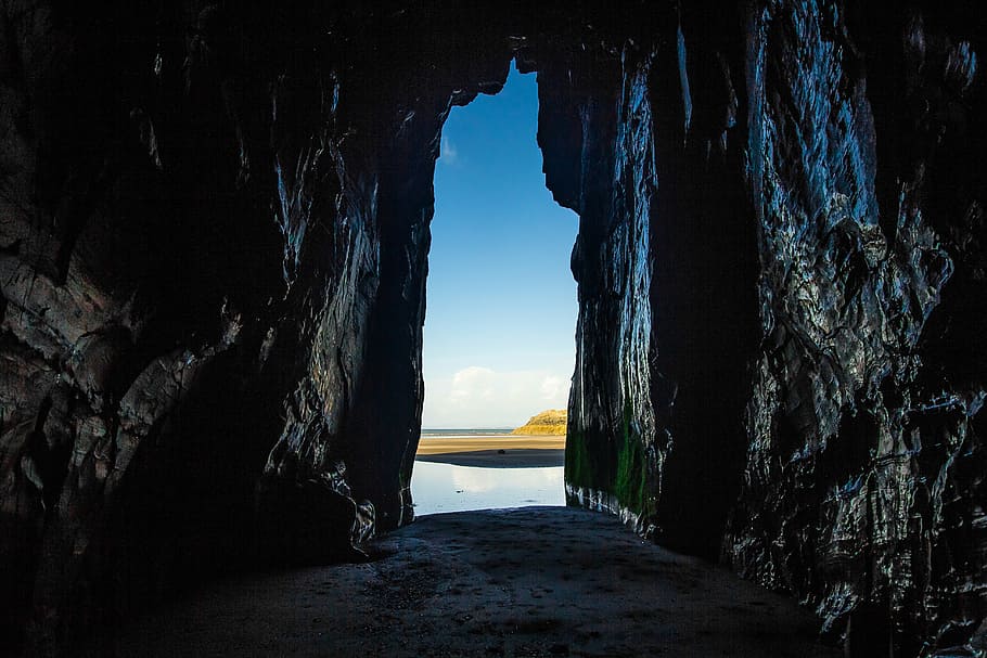 gray, concrete, cave, body, water, daytime, sea ​​cave, the hole, light, snowdonia