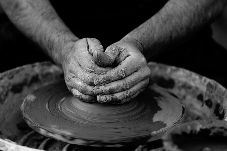 grayscale pottery photo, art, clay, craft, hands, man, person, pottery, human hand, hand