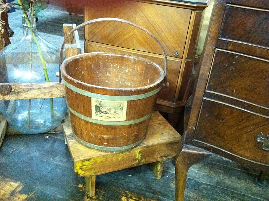 wood, bucket, vintage, wooden, brown, decoration, equipment, interior, container, pail