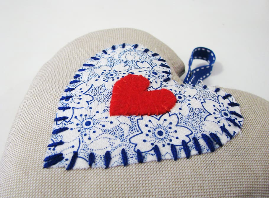 azul, marrón, almohada de corazón, corazón, amor, hecho a mano, San Valentín, rojo, decoración, floral