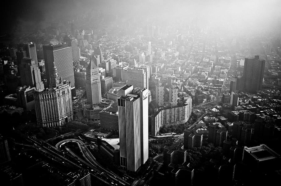arquitectura, edificios, oficinas, residencial, ciudad, rascacielos, urbano, metro, niebla, blanco y negro