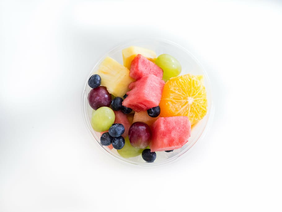 Ensalada de frutas, blanco, superficie, surtido, en rodajas, frutas, claro, vidrio, tazón de fuente, taza