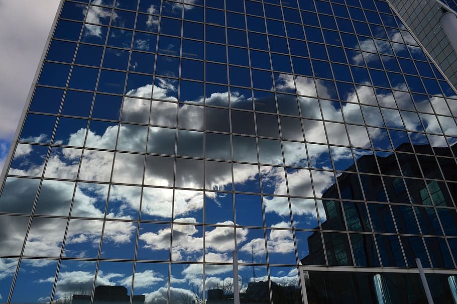 edificio, nubes, reflexión, vidrio, ventanas, azul, arquitectura, urbano, moderno, oficina