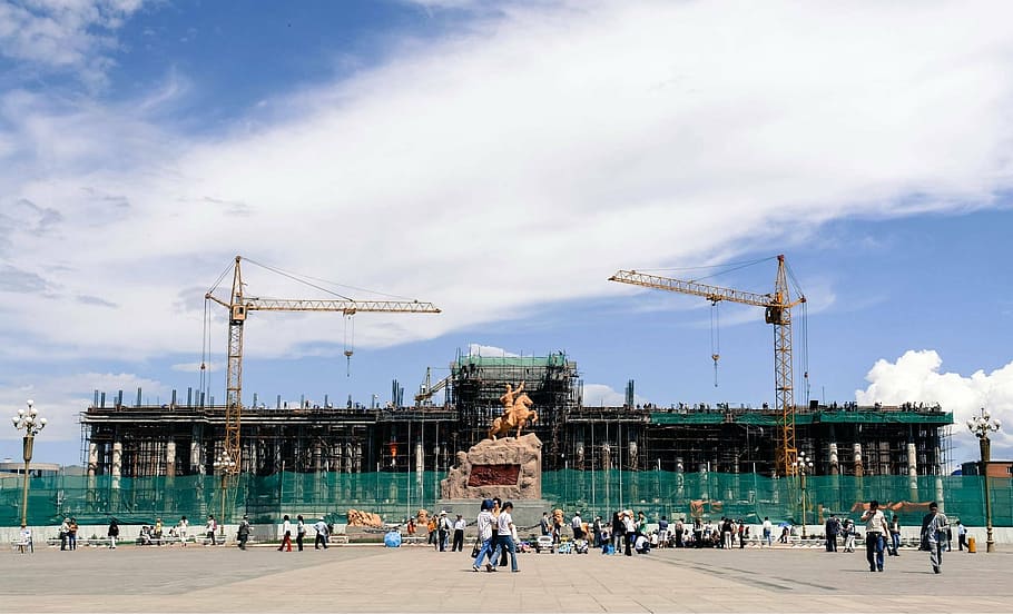 mongolia, ulaanbaatar, chinggis, architecture, crane - construction machinery, machinery, group of people, sky, water, built structure