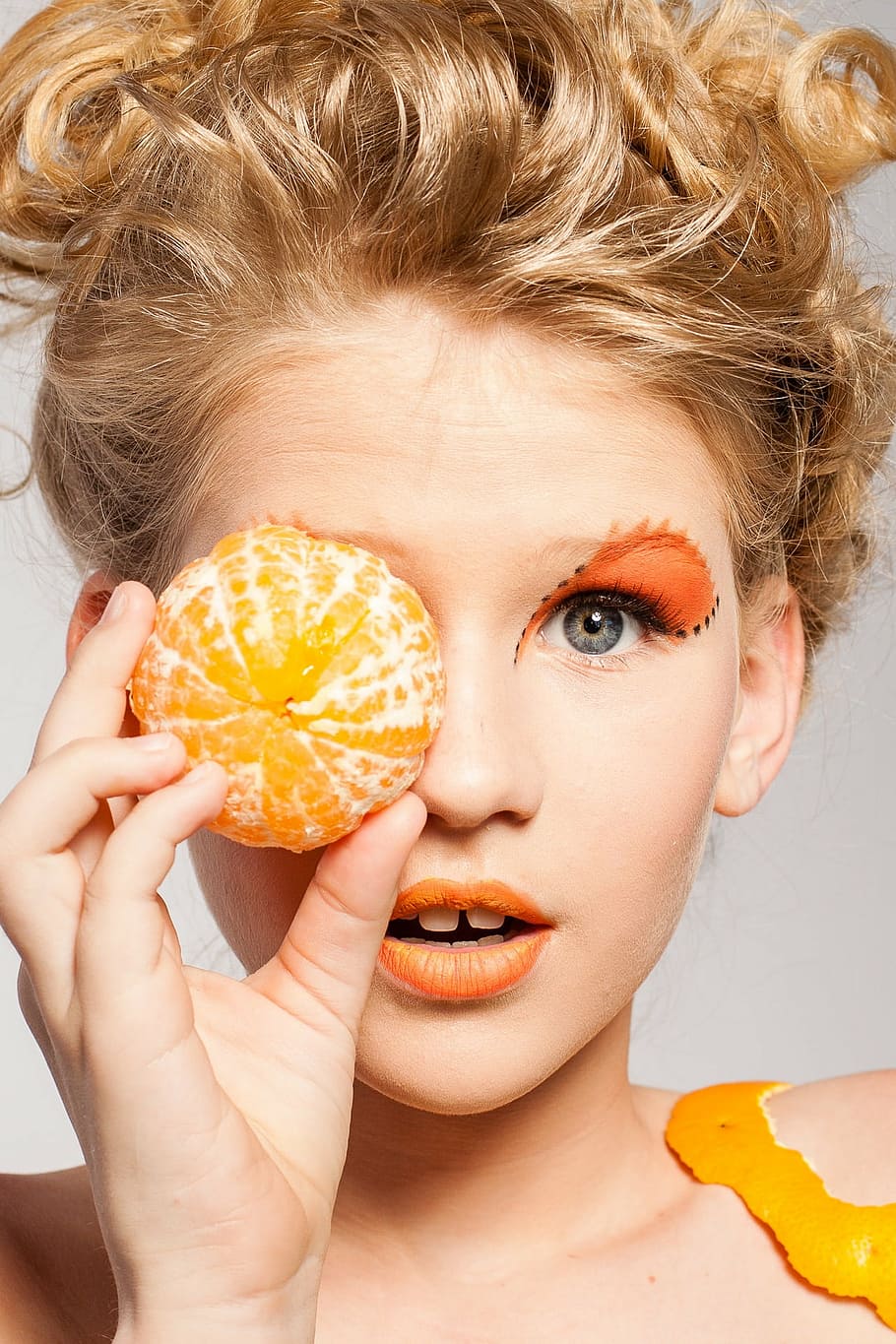 woman, holding, peeled, orange, portrait, makeup, model, fruit, tangerine, fashion