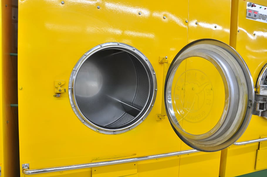 yellow front-load washer, photography, shop, laundry, washing machine, big, yellow, clean, close-up, metal