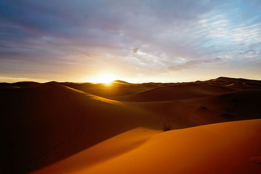 bukit pasir, keemasan, waktu, alam, hidangan penutup, pasir, matahari, langit, awan, pemandangan