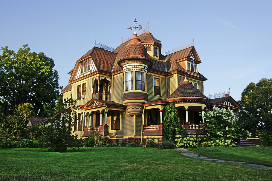 beige, brown, mansion, victorian house, victorian, painted lady, oldhouse, architecture, house, building exterior
