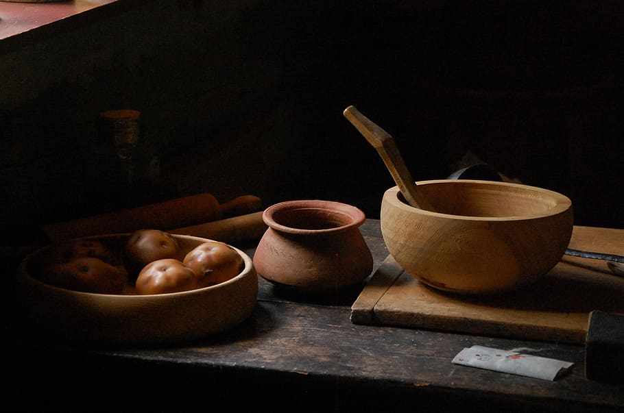 round, brown, bowl, clay pot, wood, pots, shadow, table, kitchen, antique