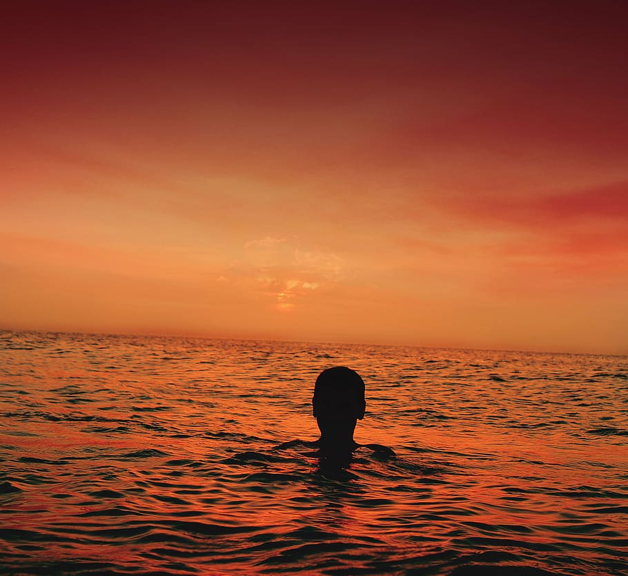 person, head silhouette, water, golden, hour, sea, ocean, sky, sunset, nature