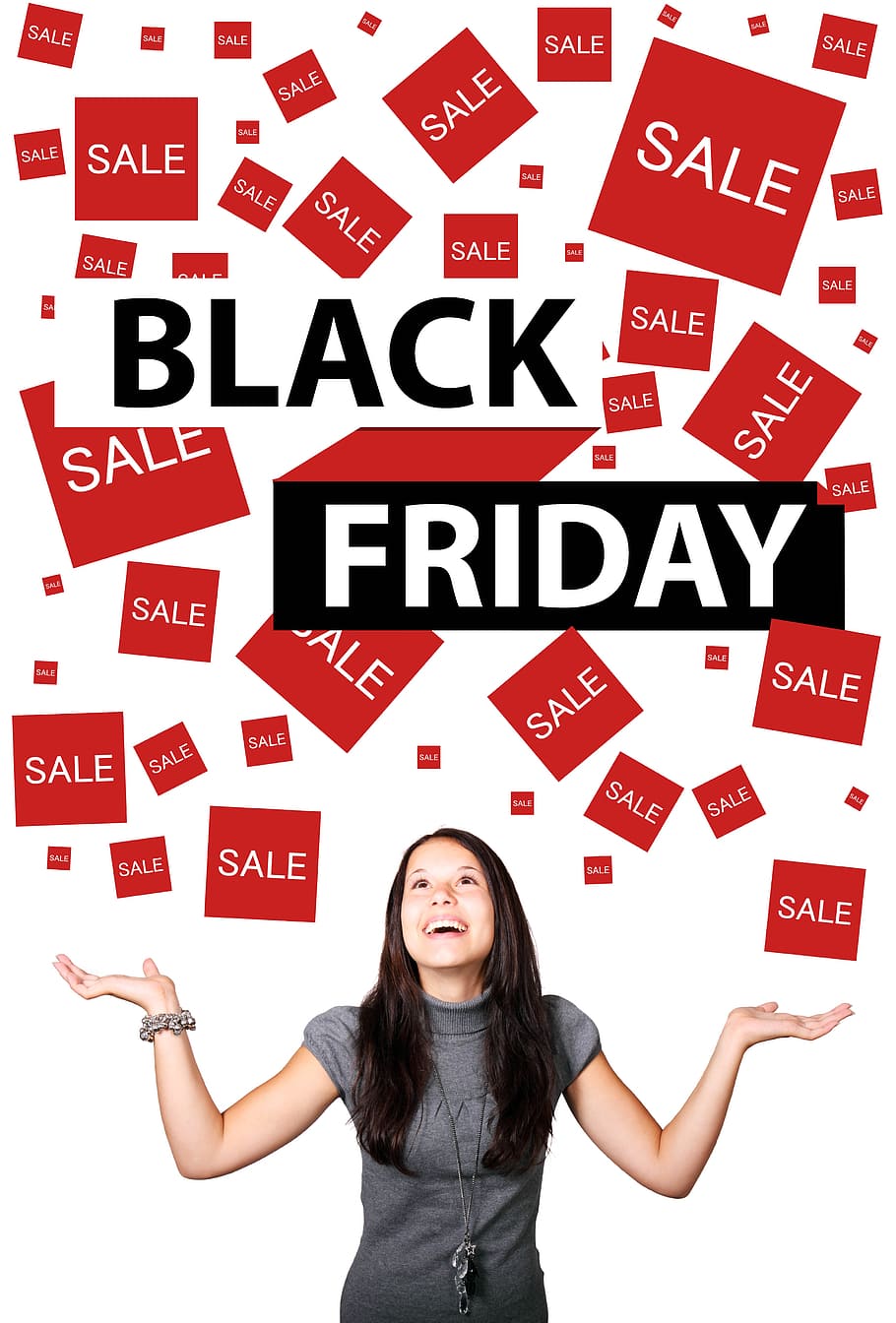 woman, pointing, black, friday signage, black friday, discounts, discount, promotion, offer, sale