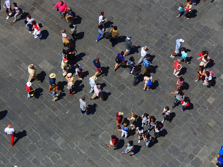 aerial, view, people, walking, street, italy, florence, shopping, square, plaza
