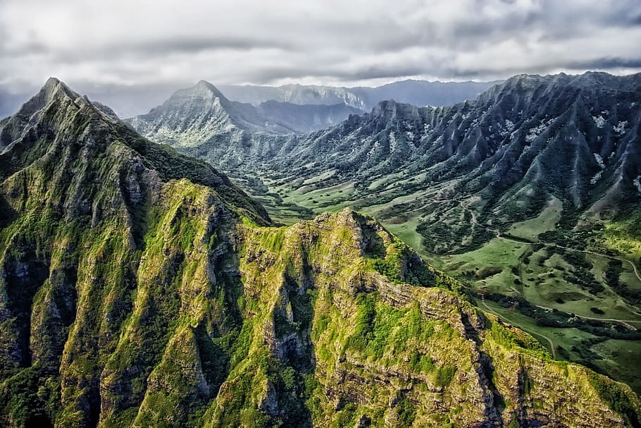 aerial, mountain range, topview, mountains, hawaii, valley, ravine, gorge, tropics, tropical