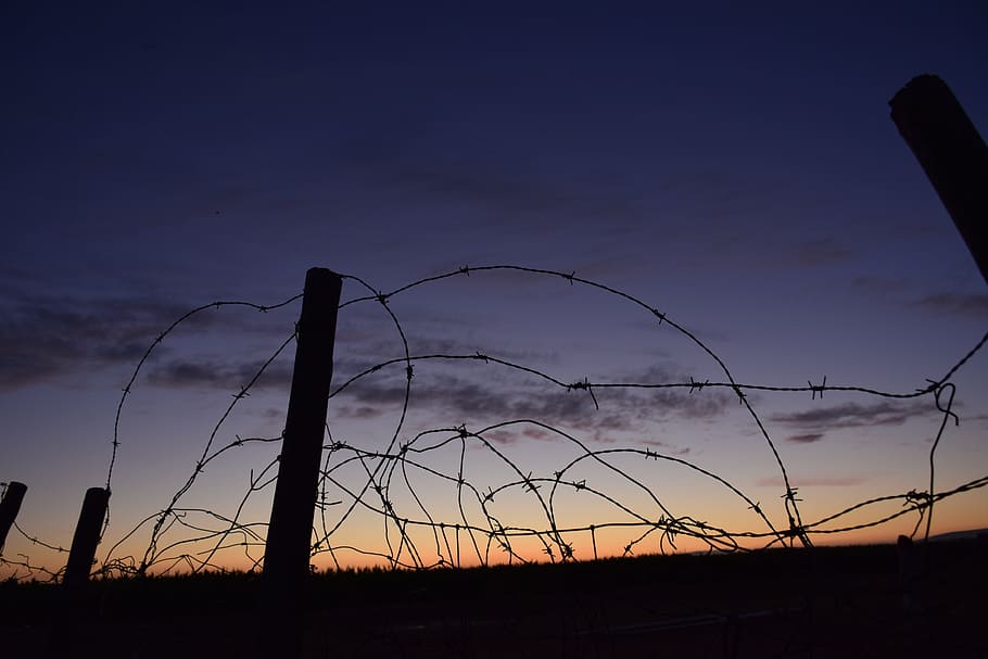barbed wire, wire, sky, horizontal, sunset, silhouette, sol, outdoors, safety, protection