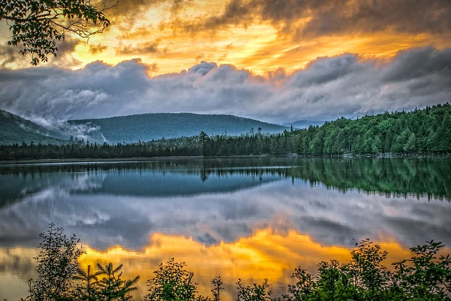 body, water, surrounded, trees, sunrise, scenic, colorful, landscape, clouds, outdoors