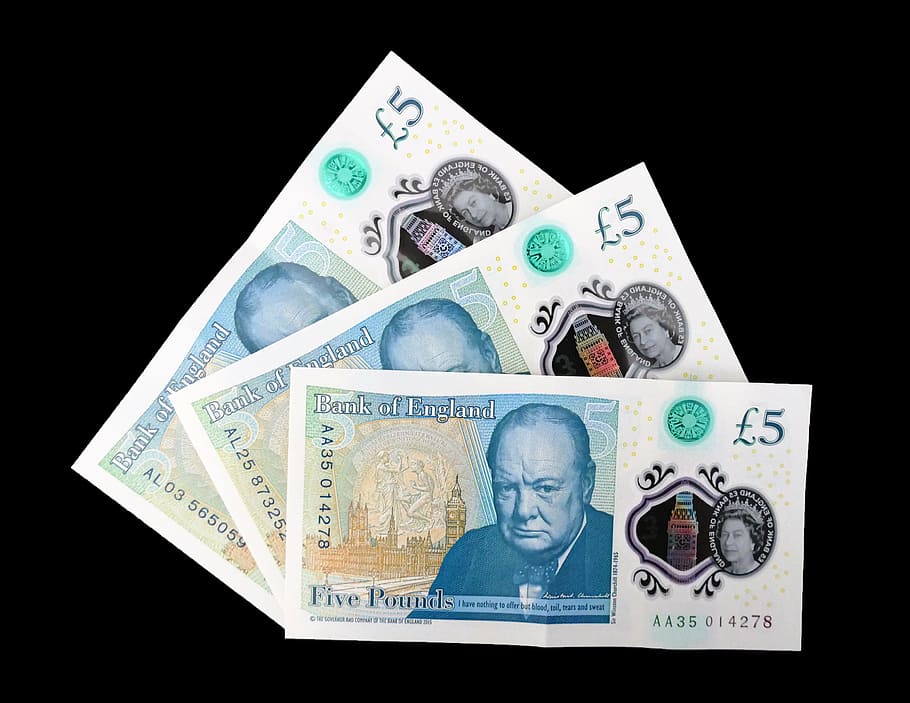 three, 5 england pounds banknotes, five pound note, cash, money, pound, british, finance, business, note