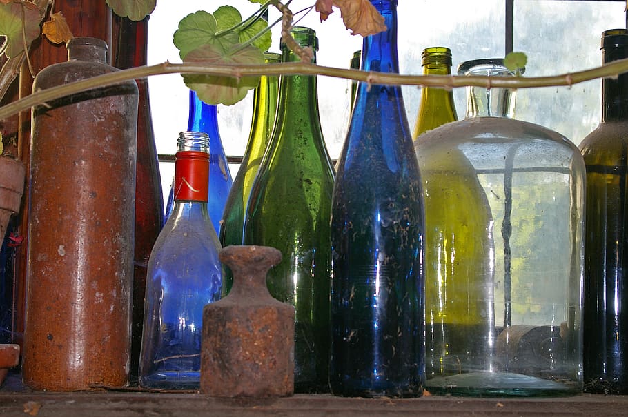 old bottles, dusty, colorful bottles, antiquity, window sill, historically, gothic burgher house, old vessels, dusty vessels, junk