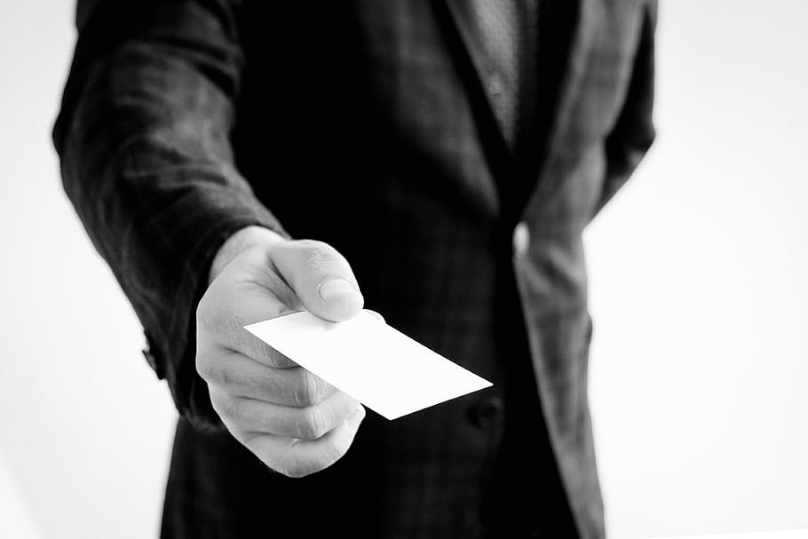 person, holding, white, card, business card, hand, jacket, professional, application, present