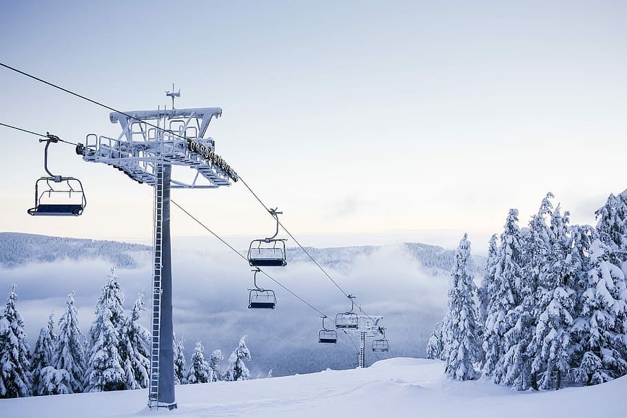 kosong, kursi ski, angkat, cerah, hari musim dingin, Kursi Kosong, Angkat Ski, Hari, dingin, kabut