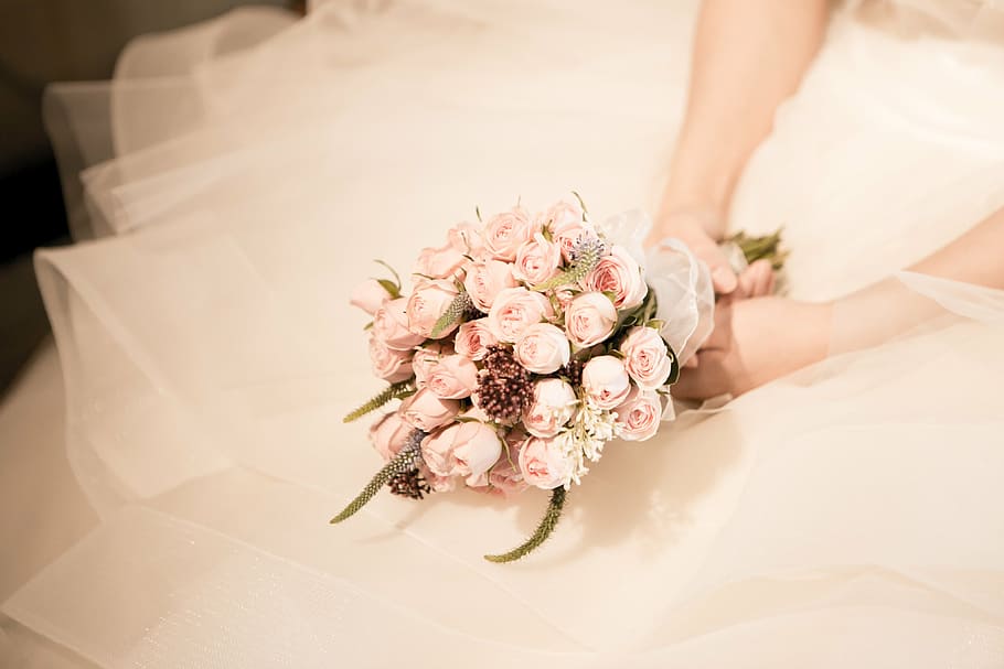 woman, wearing, wedding dress, holding, pink, rose, bouquet, wedding, wedding ceremony, priest