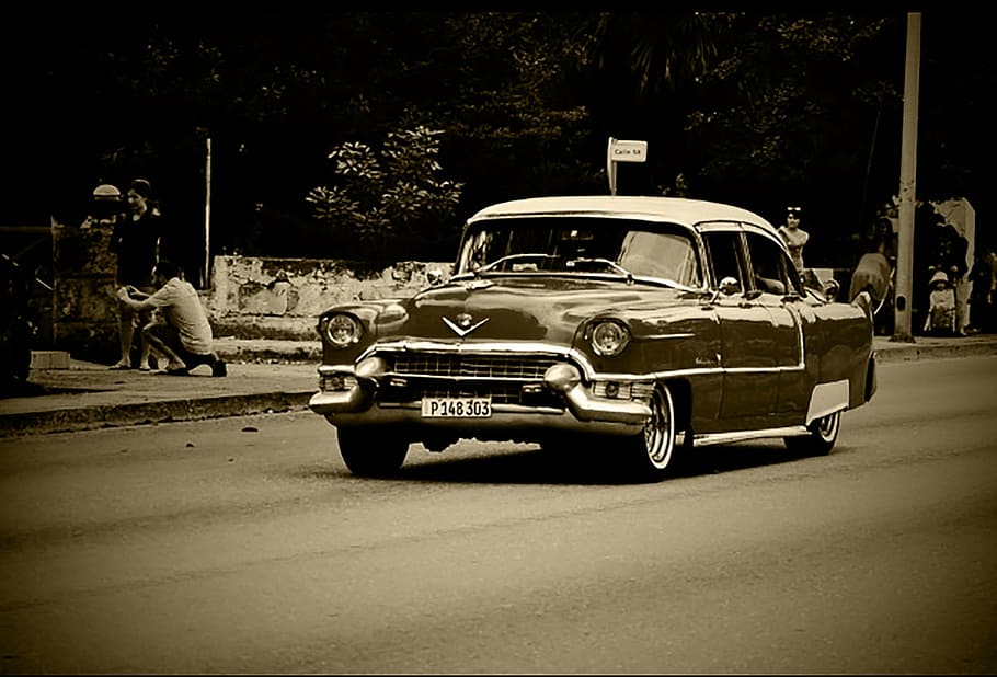 greyscale photo, chevy, bel, air, auto, oldtimer, classic, cuba, mode of transportation, car