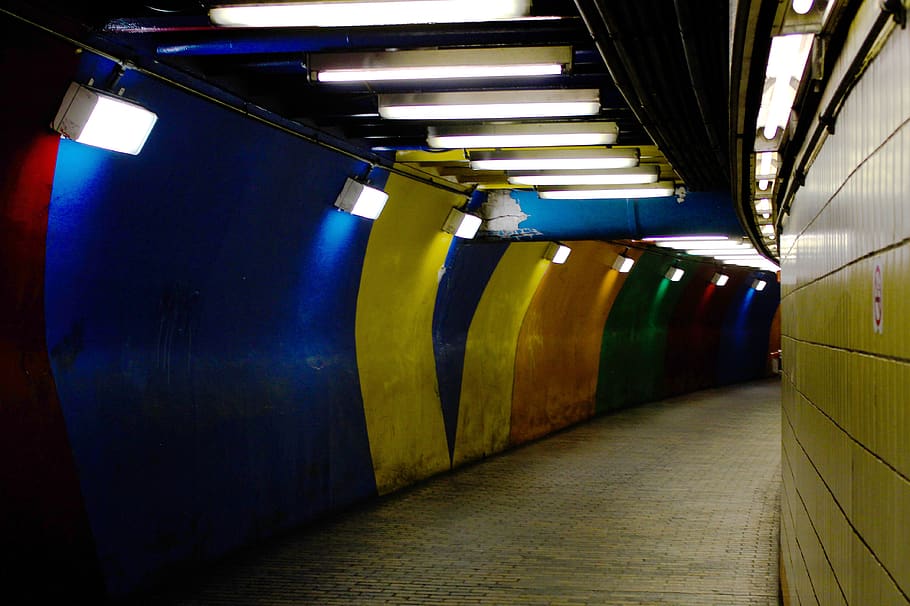 metro, túnel, transporte, colorido, ciudad, línea, estación, tren, urbano, viajes