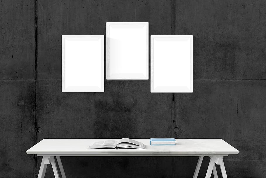 three, rectangular, white, photo frames, wooden, table, poster, mockup, wall, template