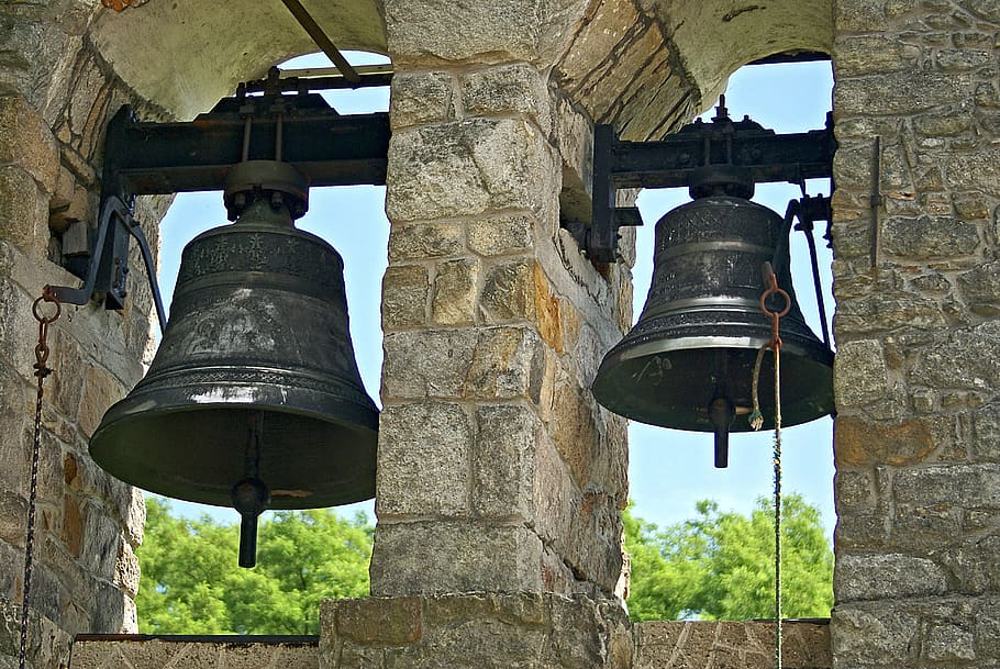 two, gray, steel bells, poland, malopolska, shadows, bell, the bell tower, artistry, religious art