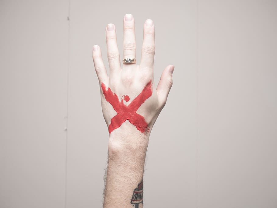 people, man, hand, tattoo, paint, art, red, cross, human hand, human body part