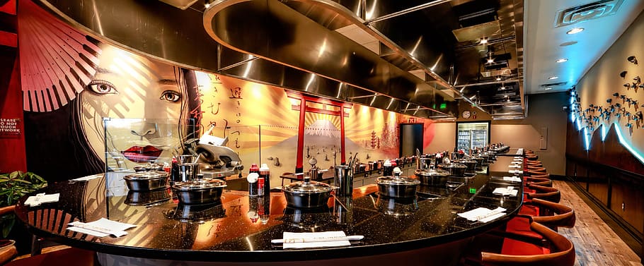 glass table, stools, Shabu Shabu, Bar, Restaurant, shabu bar, japanese, japan, shabu, illuminated